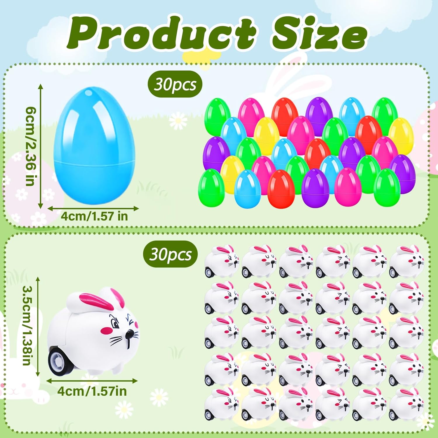 Qyyiguf 60Pack Easter Eggs with Bunny Pull Back Cars,30 Sets Cartoon Rabbit Vehicles,Easter Basket Filler Stuffers for Party Favors,Classroom Prizes,Birthday Gifts,Kids,Girls,Boys