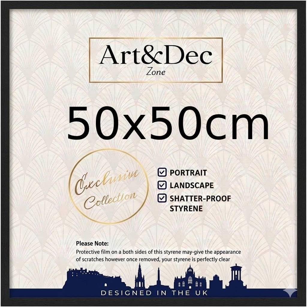 Art & Dec Zone® Sleek Black MDF Picture Frame 50x50 cm – High-Clarity Shatter-Proof Acrylic Poster Holder for Modern Wall Decor