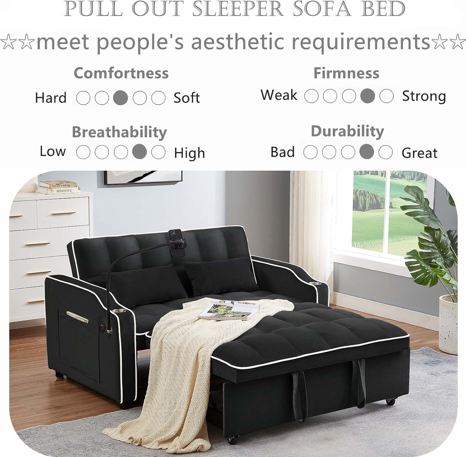 3 in 1 Velvet Pull Out Sleeper Sofa Bed with Cup Holder&USB Port, Modern 2-Seater Convertible Futon Couch Loveseat with Phone Stand&Storage Pockets for Living Room Apartment (Black)