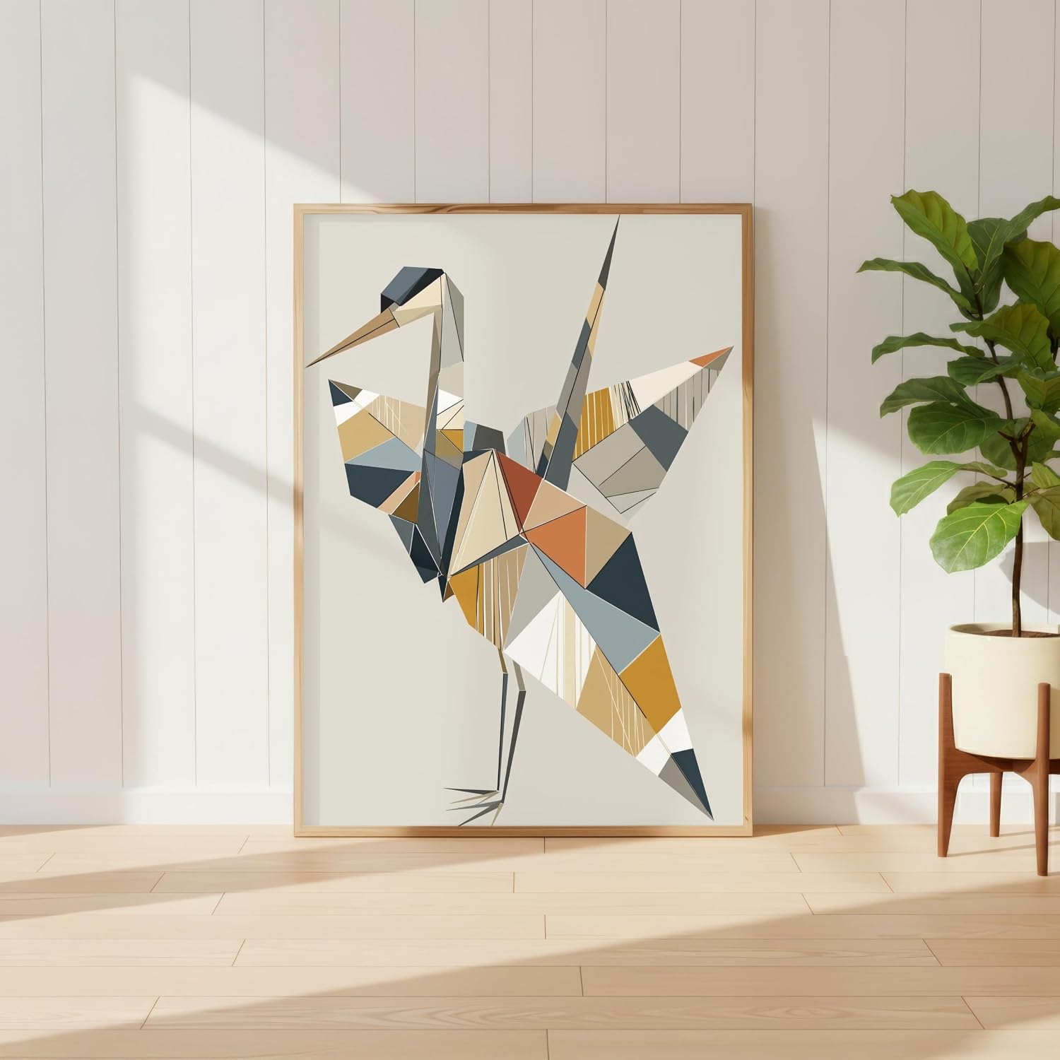 Kitchco Geometric Crane Wall Art Print, Origami Bird Poster, Mid Century Modern Abstract Heron Decor in Mustard Navy and Rust - 12x18 in (30x45 cm) image 2