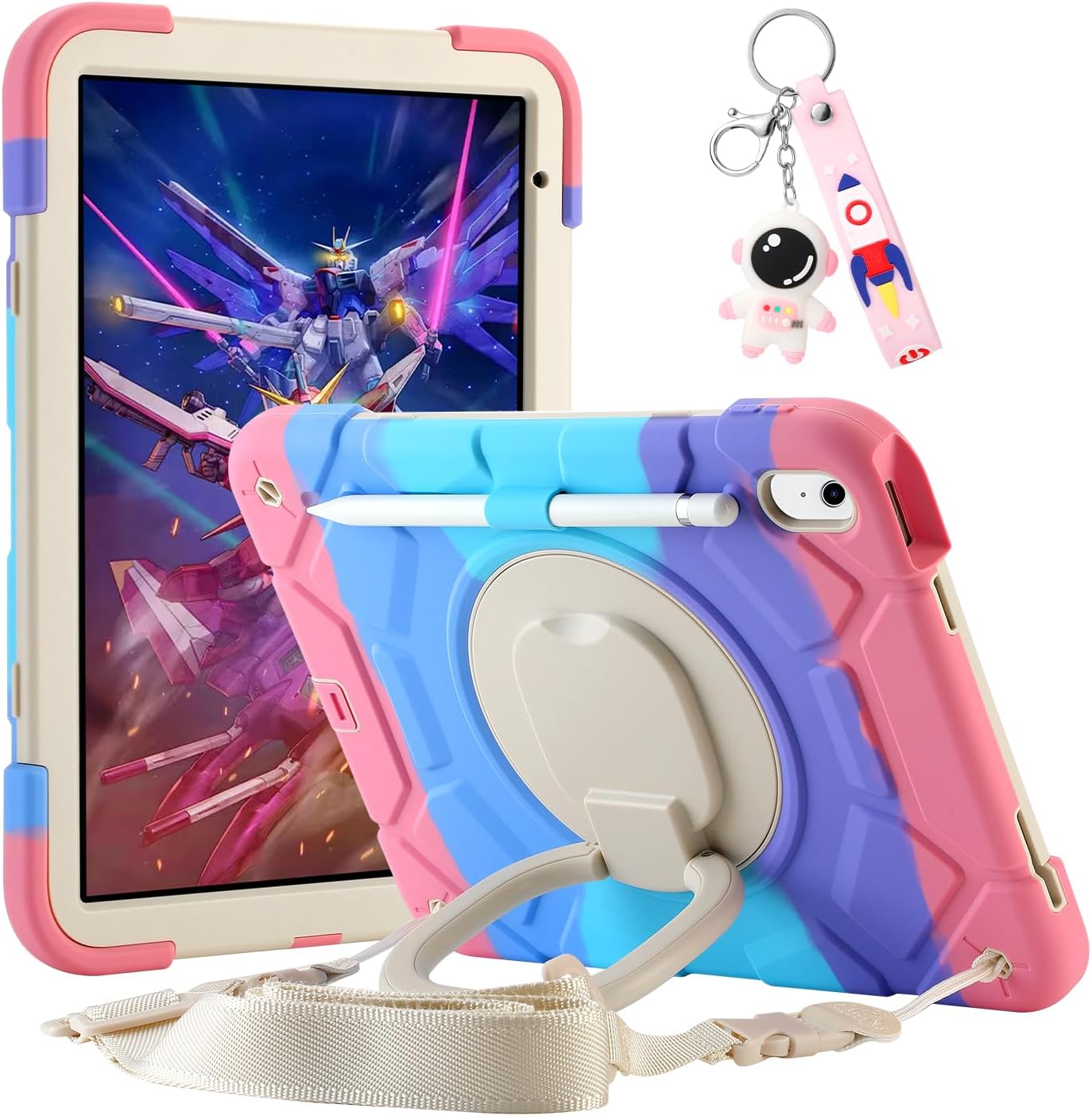 Case for iPad 11-inch (A16) 2025, iPad 10th Generation Case 10.9" 2022,Heavy Sturdy Shockproof Kids Cover, with 360°Rotating Stand/Pen Slot/Shoulder Strap for iPad 11th/10th Gen Girls (Rainbow Pink)