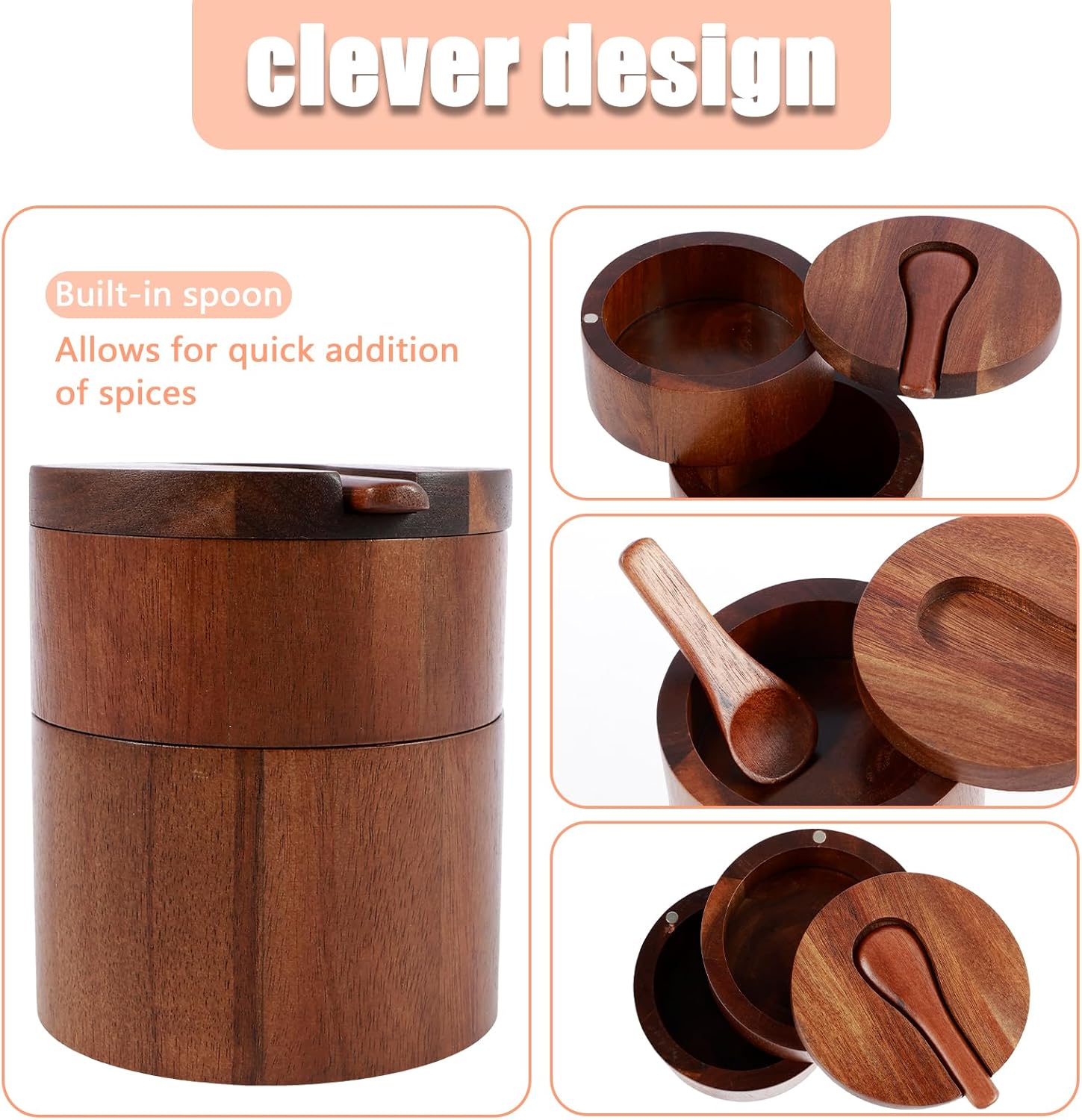 2 Layers Acacia Wood Salt and Pepper Bowl Salt and Pepper Storage Box Salt Container Salt Keeper with Built in Spoon and Magnetic Swivel Lid Dustproof Salt Holder for Kitchen Serving (Wood A)