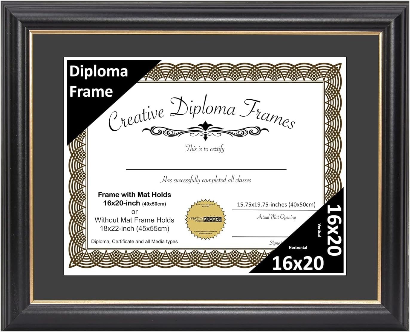 Creative Picture Frames 10" x 13" Rockefeller Black with Gold Rim Diploma Frame, Displays 10" x 13" Certificate or 11" x 14" Document without Mat, College Degree Frame, Full-Strength Glass, White Mat