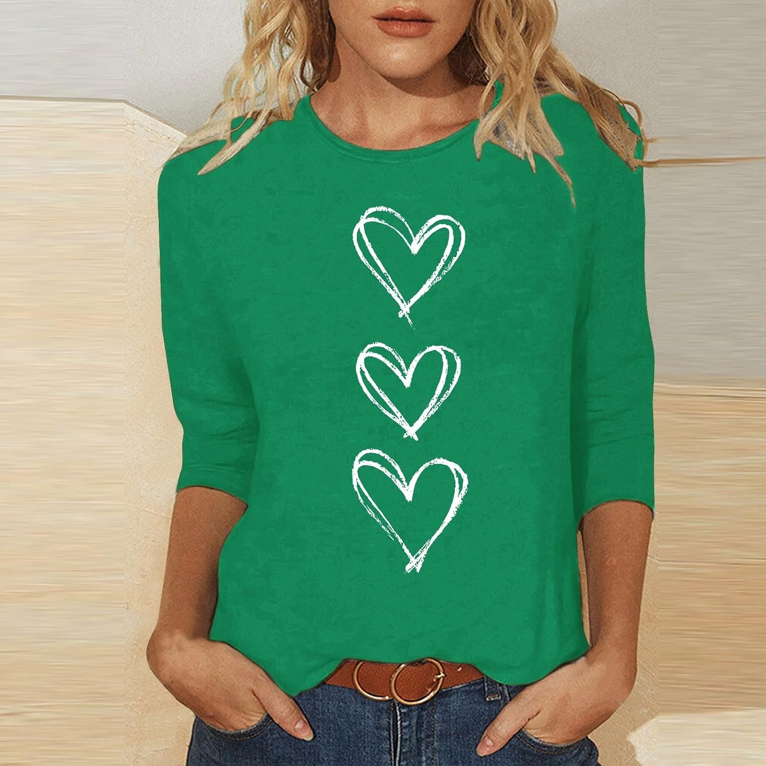 Women's Valentine 3/4 Sleeve Tee Shirts Round Neck Cute Love Heart Print Tunic Tops Basic Blouses Casual Tops
