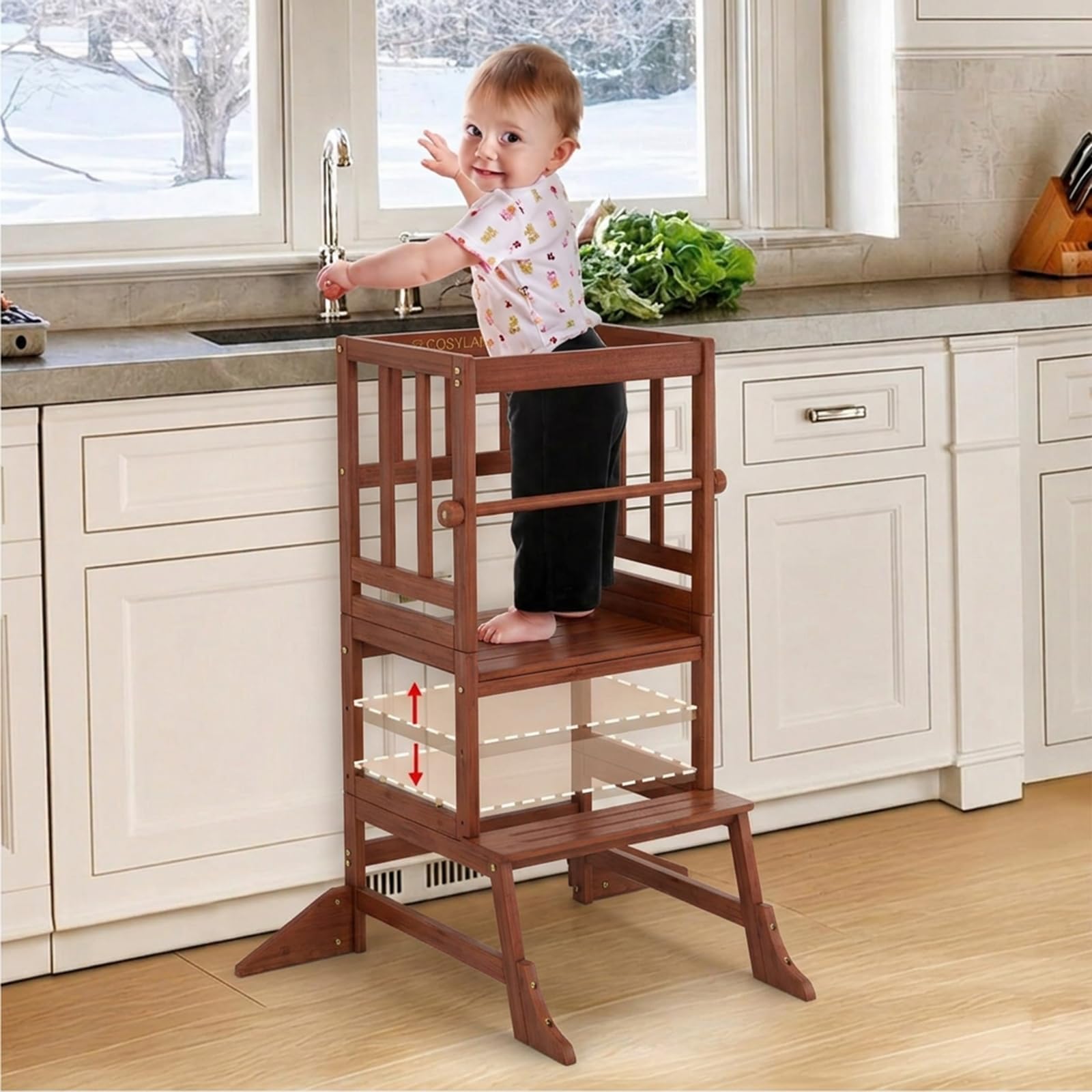 COSYLAND Toddler Standing Tower - Adjustable Height Kitchen Stool Helper | 3-level toddler step stool, 200 lb capacity, easy setup, removable rail, anti-tip feet, non-slip pads for kitchen sink & bath