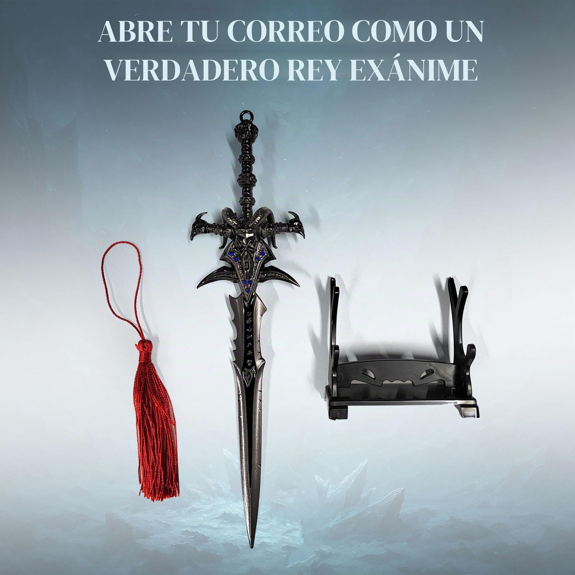 Abrecartas Frostmourne de World of Warcraft en forma de espada con base, 22,5 cm, accesorio para hogar y oficina, regalo y mercancía para fanáticos y coleccionistas