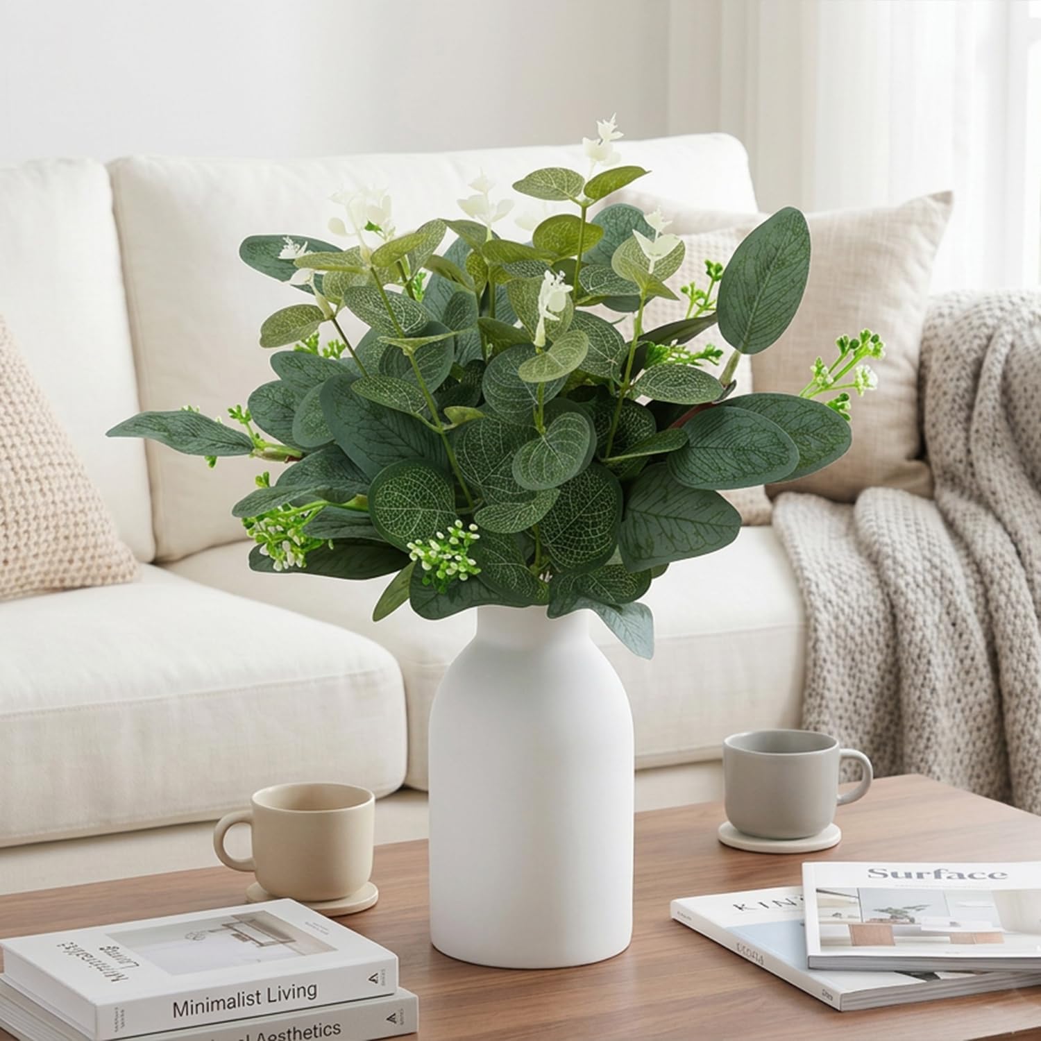 Artificial Eucalyptus Stems in Ceramic Vase, Fake Plants for Home Decor, Faux Greenery Centerpieces for Tables, Artificial Plants Indoor for Bathroom Modern Farmhouse Coffee Table Decor