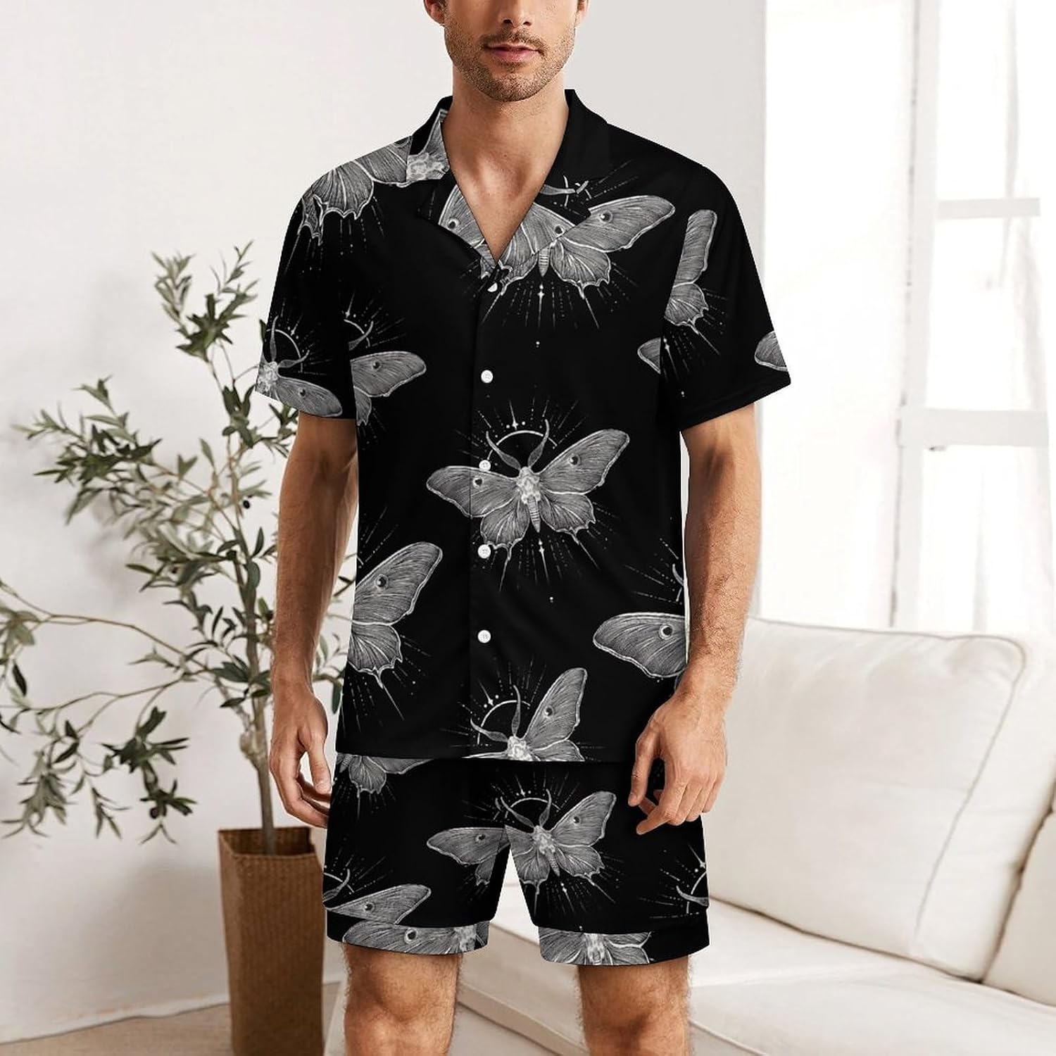 Luna Moth Men's Short Sleeve Pajama Set Satin Silk Like Lounge Sleepwear