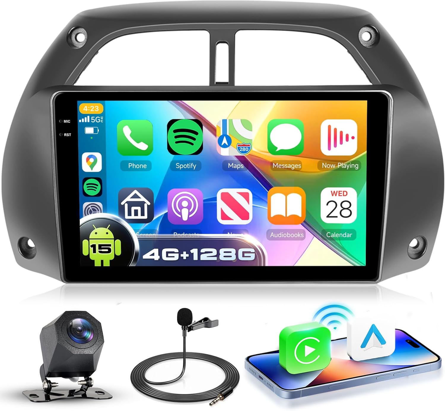4G+128G Android 15 Car Radio for Toyota RAV4 2001-2006, Wireless CarPlay Android Auto, 9’’ Incell HD Touch Screen Car Stereo with GPS, WiFi, Bluetooth 5.0, FM, 32 EQ, SWC, Backup Camera
