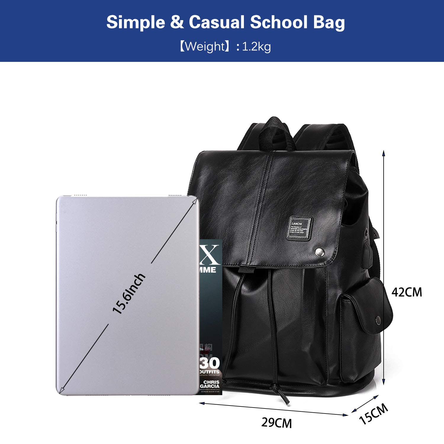 ADITAM Zaino Impermeabile PU Daypack con USB per Laptop da 15,6 Pollici Ragazzi College Bag Uomini Field Pack High School Bag Zaino Outdoor Viaggi Campeggio Escursionismo Zaino Fanteria Pack Marrone
