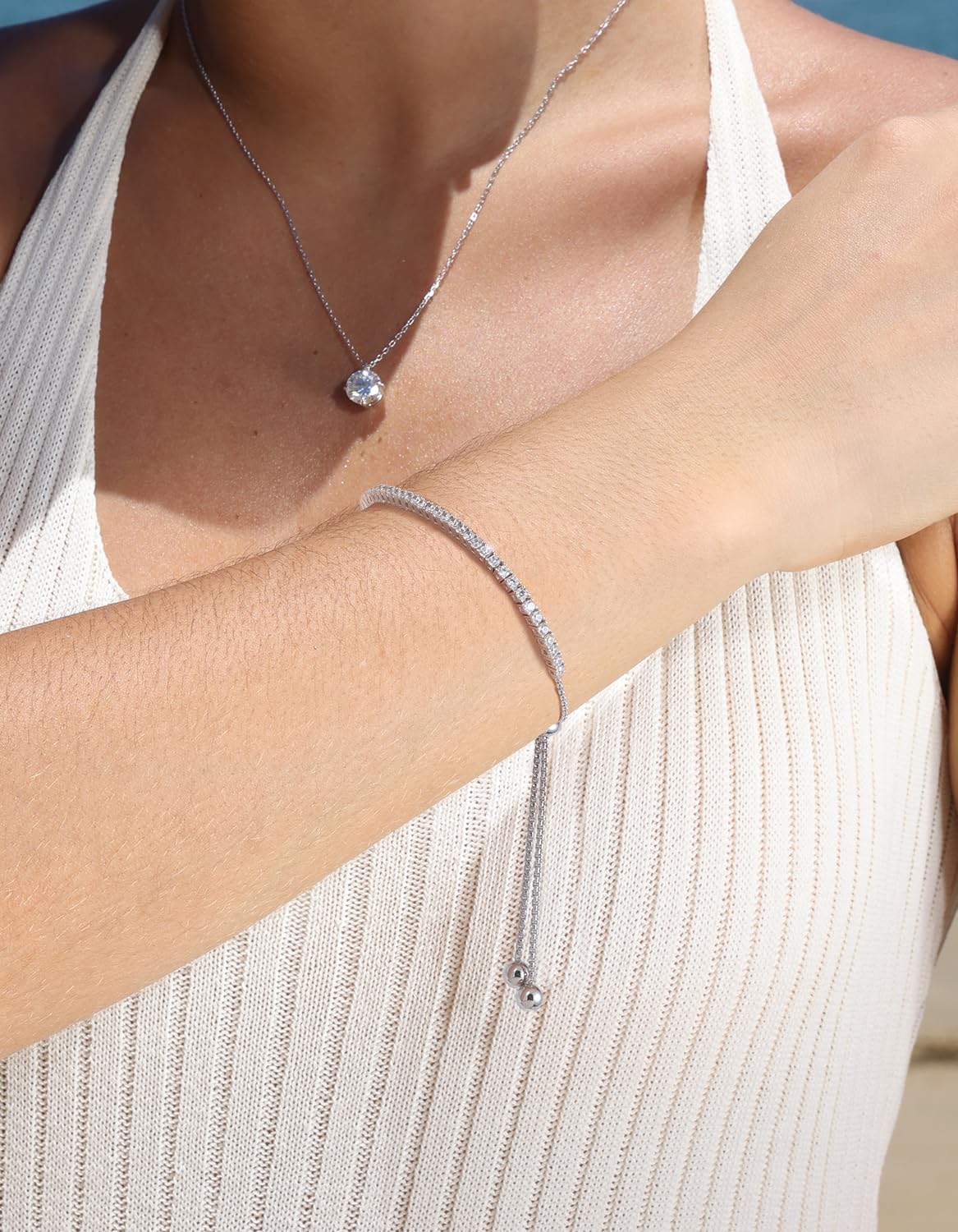 KRKC&CO Tennis Bracelet, Adjustable Length S925 Sterling Silver 2/3/4mm, Christmas Birthday Gifts for Her, Gift Box, Cubic Zirconia Bolo Bracelets for Women White/14K Gold Plated, Hypoallergenic - Image 2