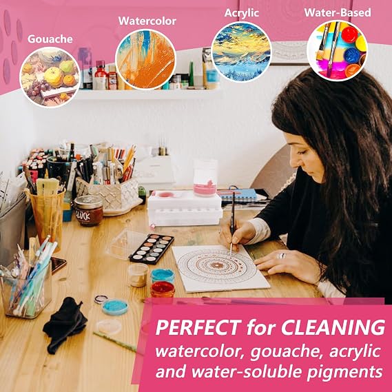 Paint Brush Cleaner Set, Paint Brush Rinser with Drain and Brush Holder, Water Circulation Paintbrush Cleaner Rinser for Acrylic, Watercolor, Water-Based Art Supplies Paint Brush Cleaner Tool, Pink
