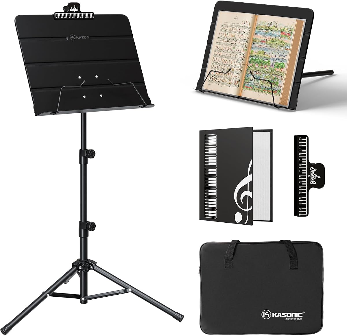 Dual-Use Folding Sheet Music Stand & Desktop Book Stand with Portable Carrying Bag, Sheet Music Folder & Clip Holder (Black)