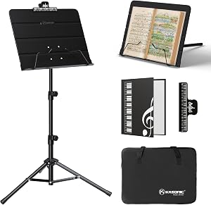 K KASONIC - Dual-Use Folding Sheet Music Stand & Desktop Book Stand with Portable Carrying Bag, Sheet Music Folder & Clip Holder (Black)
