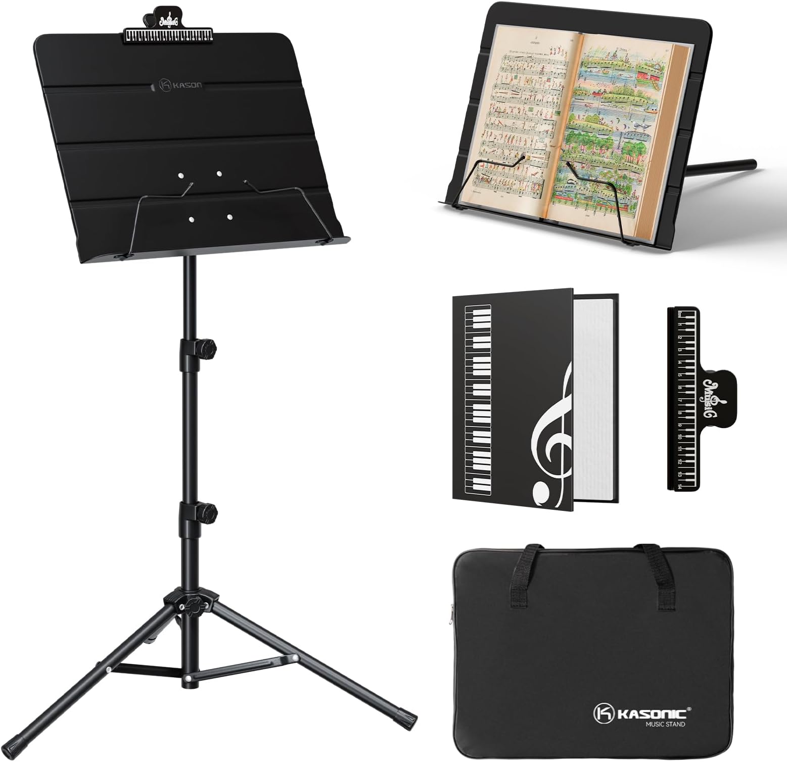 K KASONIC - Dual-Use Folding Sheet Music Stand & Desktop Book Stand with Portable Carrying Bag, Sheet Music Folder & Clip Holder (Black)
