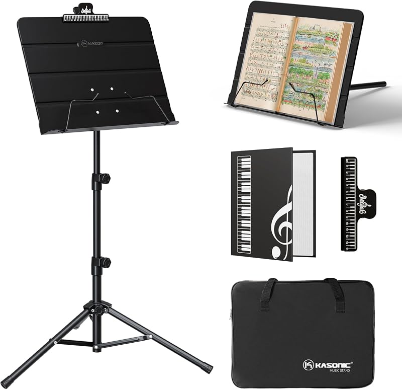 Dual-Use Folding Sheet Music Stand & Desktop Book Stand with Portable Carrying Bag, Sheet Music Folder & Clip Holder (Black)