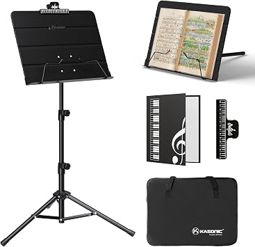 K KASONIC - Dual-Use Folding Sheet Music Stand & Desktop Book Stand with Portable Carrying Bag, Sheet Music Folder & Clip Holder Black