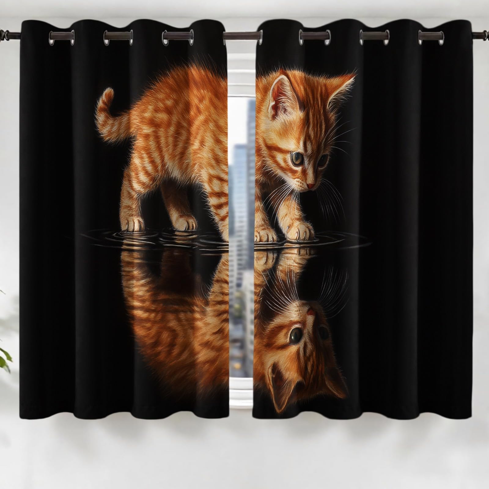 Rideaux Occultants Isolants Thermiques à Œillets Lot de 2, Chat tigré Rideaux Opaques pour Salon et Chambre, 132L X 210H cm