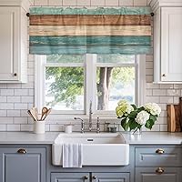 Vista 2 de Cortinas de cocina estilo granja con cenefas para ventanas en color teja turquesa verde marrón con bolsillo para barra, tratamiento de ventana