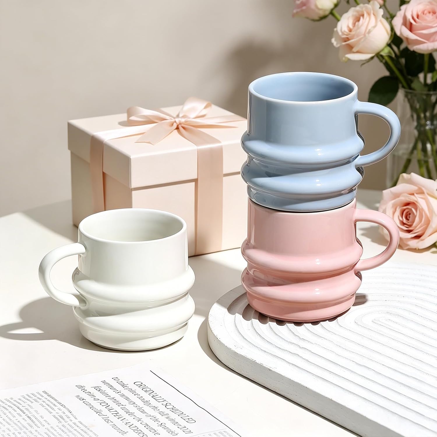 Ceramic Coffee Mugs Set of 4, 9oz 3D Wavy Ribbed Coffee Cups with Handle