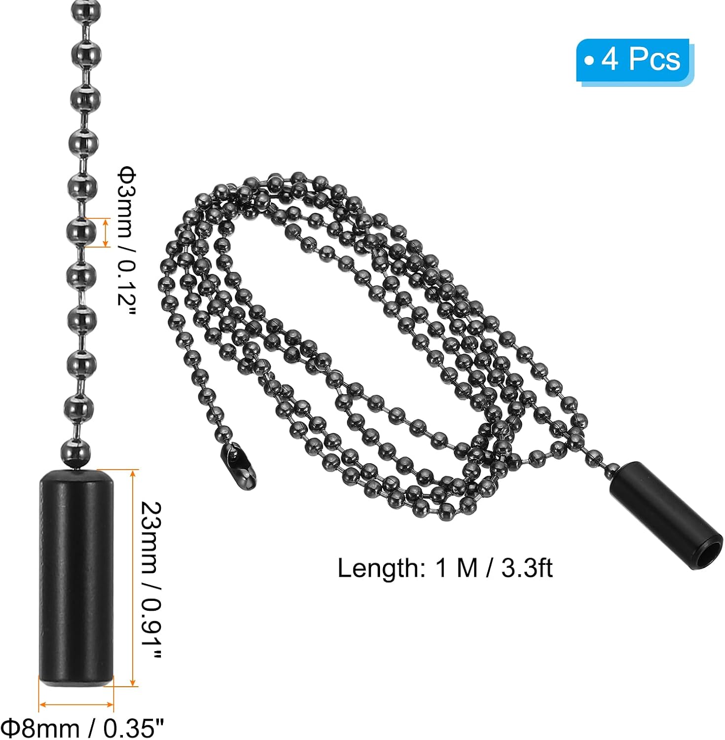 PATIKIL 1M 3.3ft Ceiling Fan Pull Chain, 4 Pcs Beaded Pulls Cord Extender Cylinder Pendant for Fan Light Chandelier Table Lamp Pulling Switch, Black