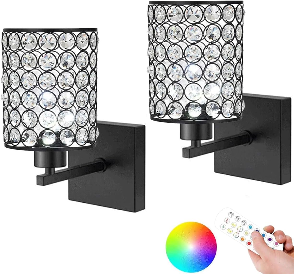 Modern Cordless Crystal Wall Light Battery Operated Wall Sconces set of 2, Rechargeable Wall Lamp Battery Powered Wall Mount Lights with Polyhedral Opal Crystal Shade for Bathroom Bedroom Living Room(