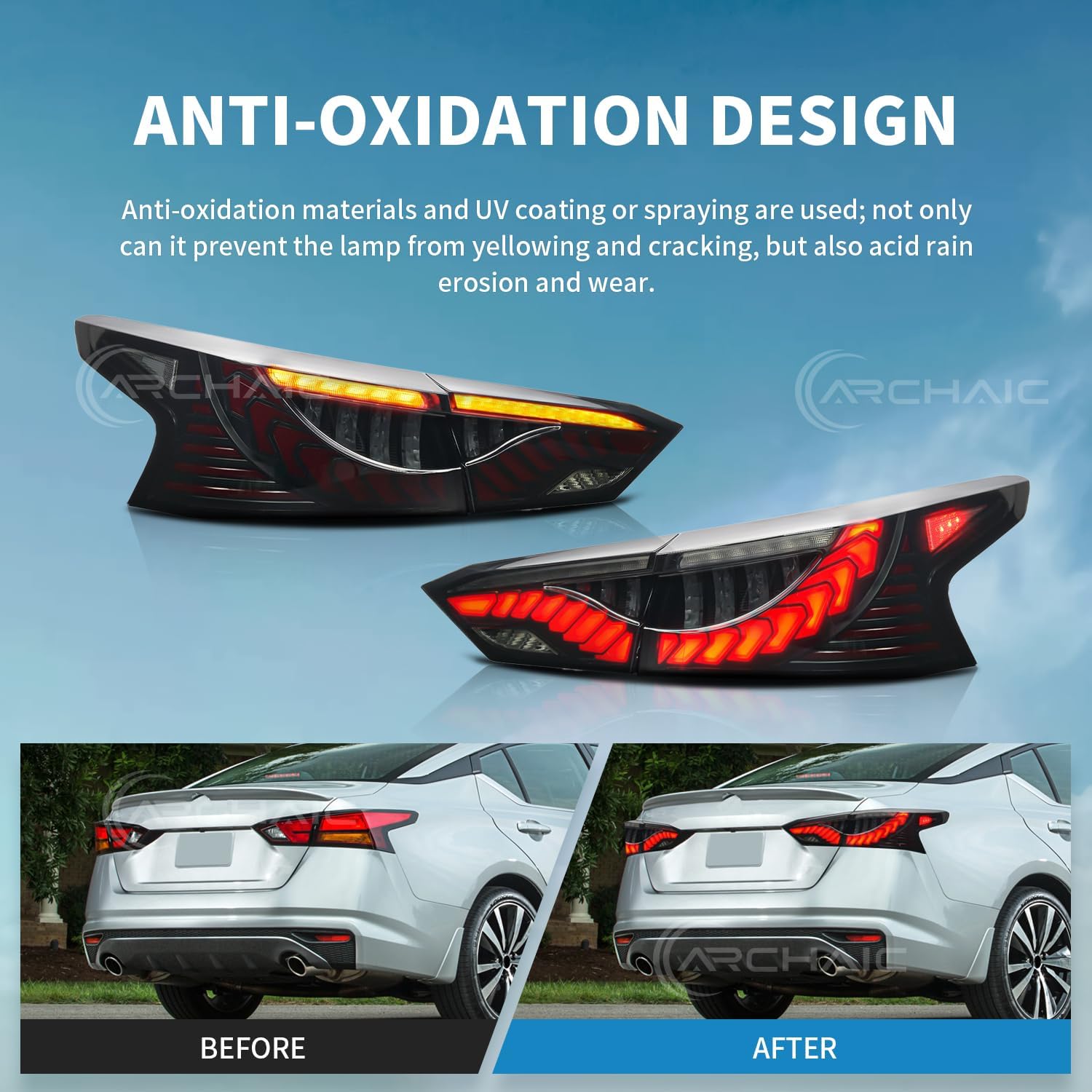 Archaic Tail Lights Compatible with 2019-2024 6th Gen Nissan Altima [S, SR, SV, SL, Platinum],w/3D Animation DRL/Sequential Turn Signal,Pair