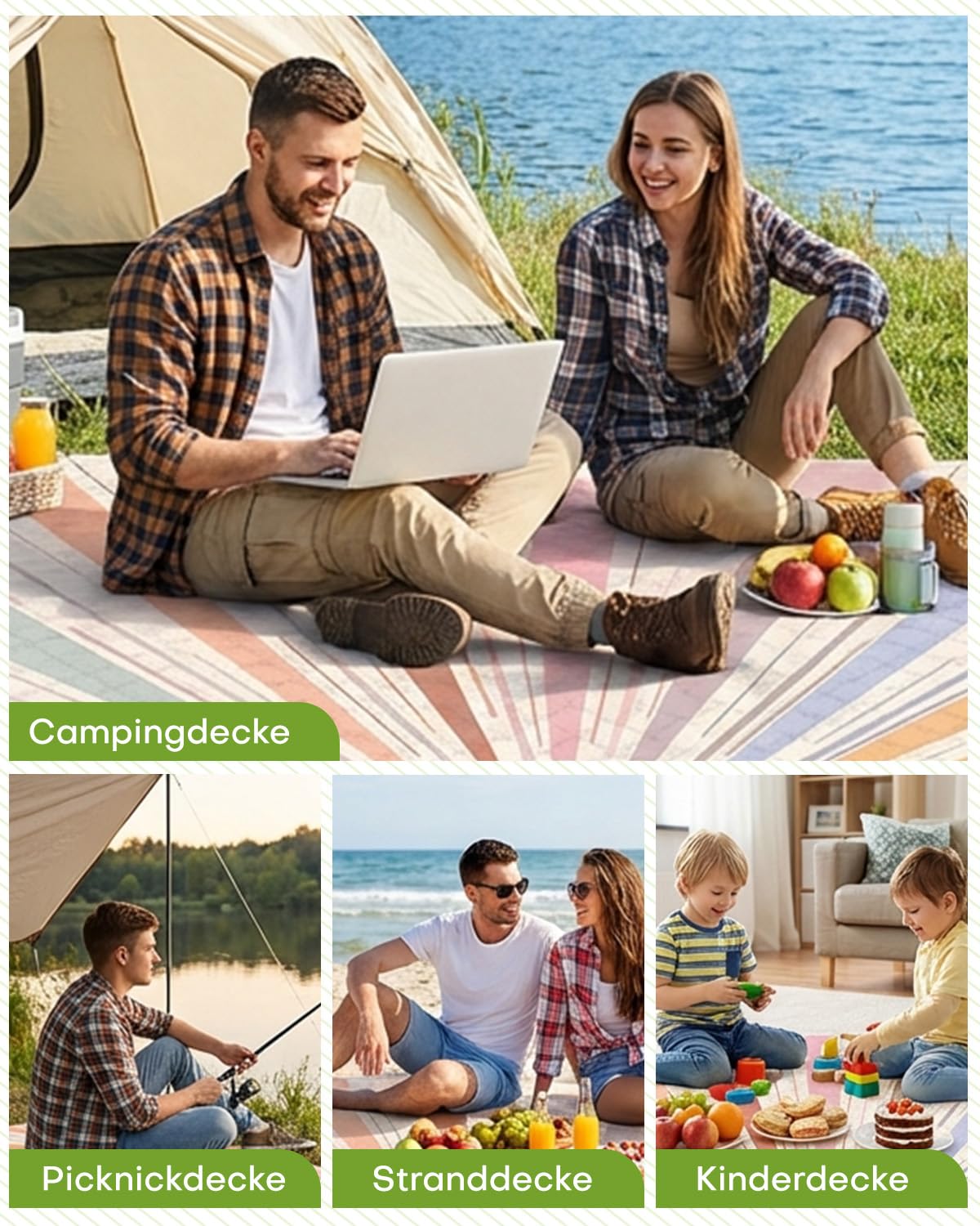 Picknickdecke 200x200 cm, Wasserdicht & Waschbar, Dreischichtige Struktur, Faltbare Stranddecke für 4-6 Personen, Tragbar Campingdecke mit Trageriemen für Picknick, Camping, Strand