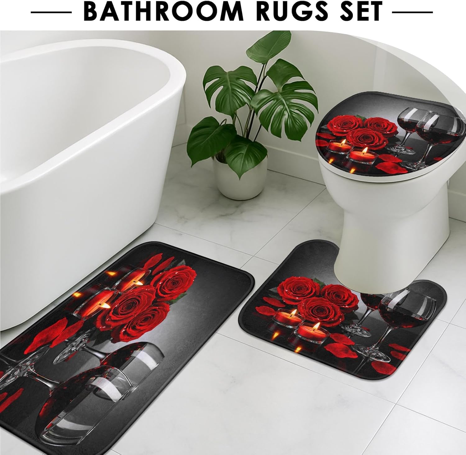 Britimes 4 Piece Shower Curtain Sets, with 12 Hooks, Red Wine Rose with Non-Slip Rugs, Toilet Lid Cover and Bath Mat for Bathroom Decor Set, 72" x 72"