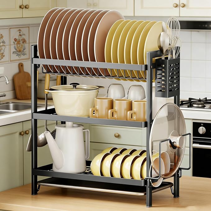 COMFYHOME Bartan Stand Steel, 3-Tier Carbon Steel Dish Drying Rack, Saving Countertop Organizer with Drainboard, Drainer Tray & Utensil Holder,Rust-Resistant Suitable for Plates, Cutlery, Bowls.