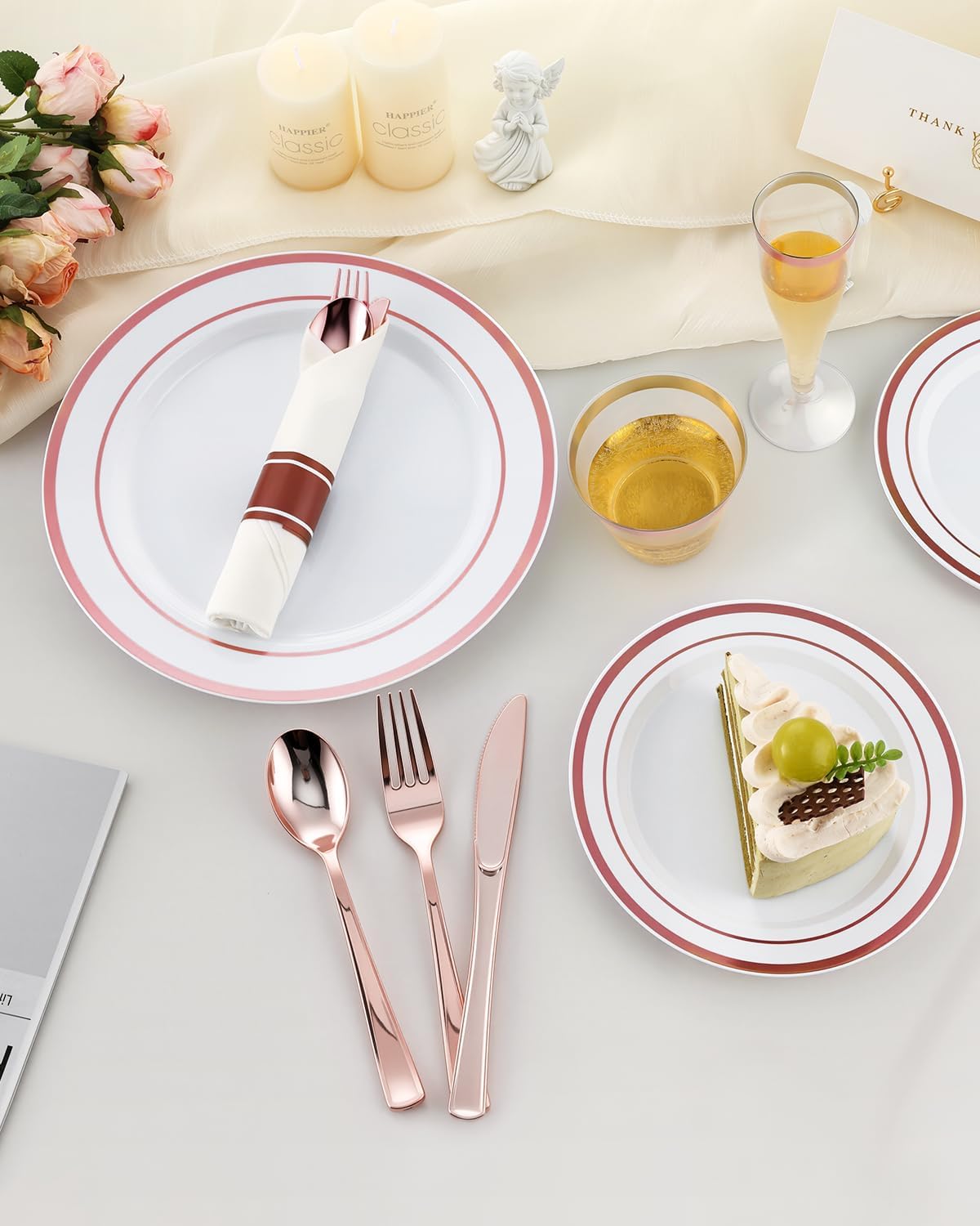 Goodluck 320PCS Rose Gold Disposable Plastic Dinnerware Set for 40Guests, Include 40 Dinner Plates, 40 Dessert Plates, 40 Napkins with Silverware, 40 Cups, 40 Champagne Glasses, for Christmas, Wedding