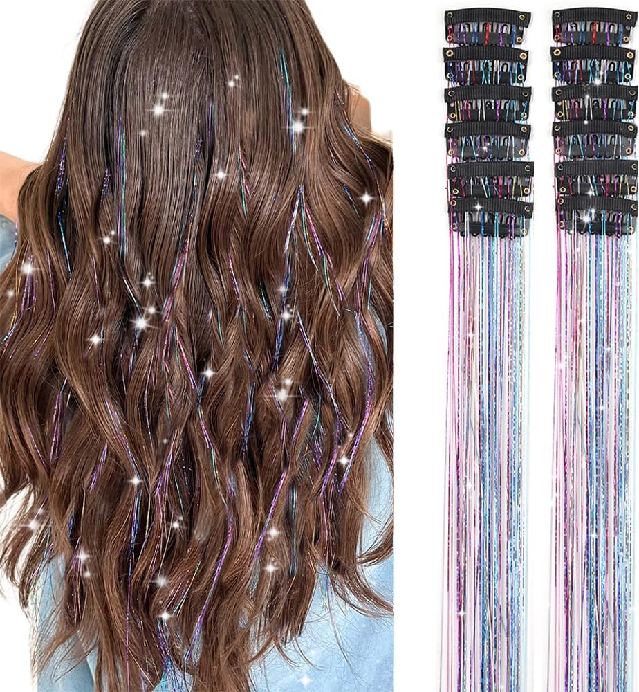 Hair Tinsel Pack of 12 Pcs Colorful Glitter Hair Accessories 20 Inch Clip in Hair Tinsel Extensions Fairy Hair Accessories Party Kit for Women Girls 12Pcs,Colorful#