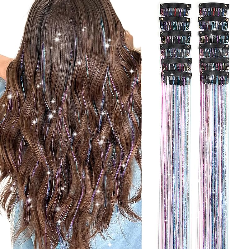 Hair Tinsel Pack of 12 Pcs Colorful Glitter Hair Accessories 20 Inch Clip in Hair Tinsel Extensions Fairy Hair Accessories Party Kit for Women Girls 12Pcs,Colorful#