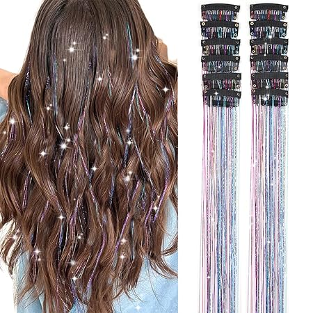 Hair Tinsel Pack of 12 Pcs Colorful Glitter Hair Accessories 20 Inch Clip in Hair Tinsel Extensions Fairy Hair Accessories Party Kit for Women Girls 12Pcs,Colorful#