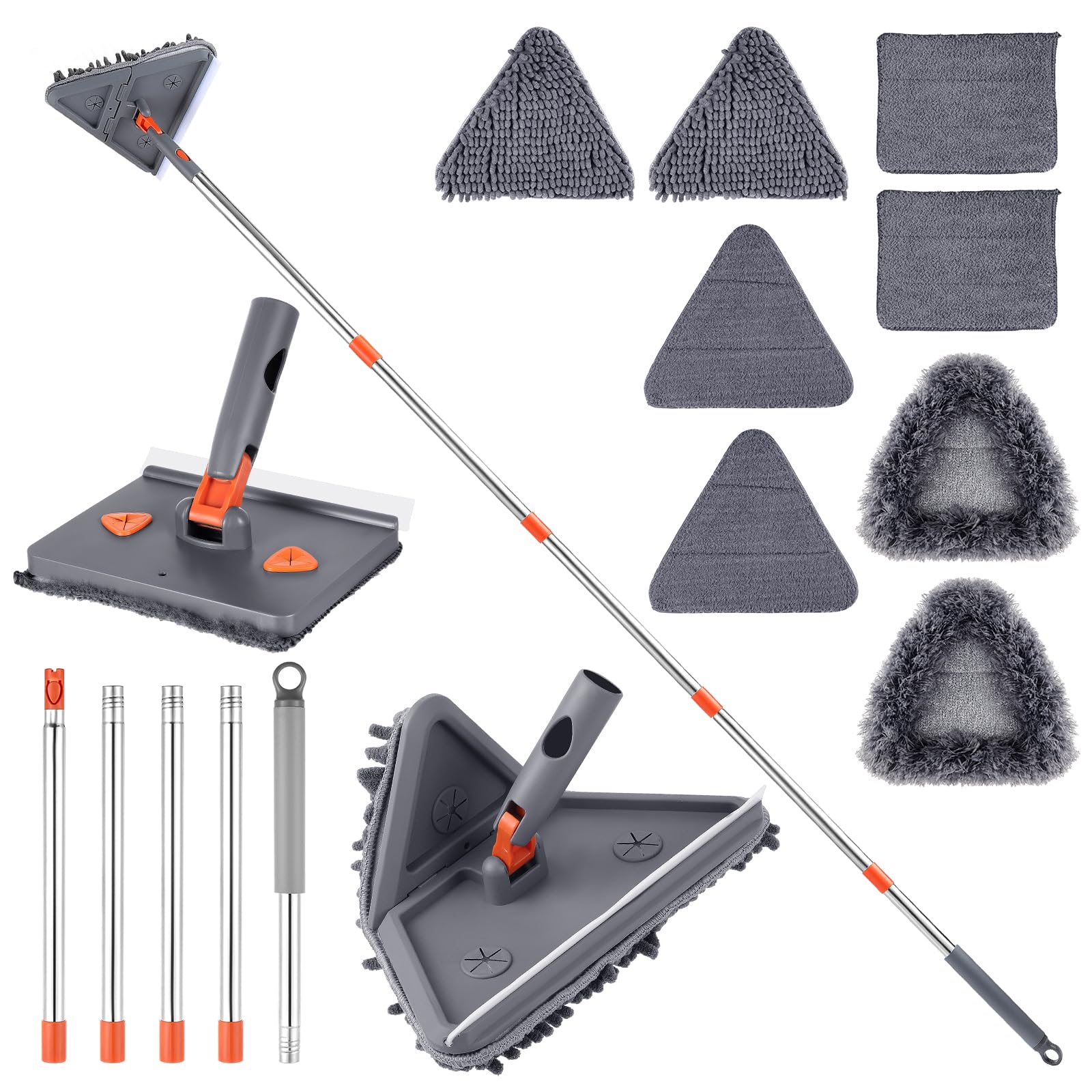 Trapeador de Limpieza Triangular, Limpiador de Pared Mopp con Mango Largo, Mopa Limpia Paredes con Rasqueta, Mopa Triangular Giratoria 180º para Limpiar Azulejos con 8 Paños (4 en 1)