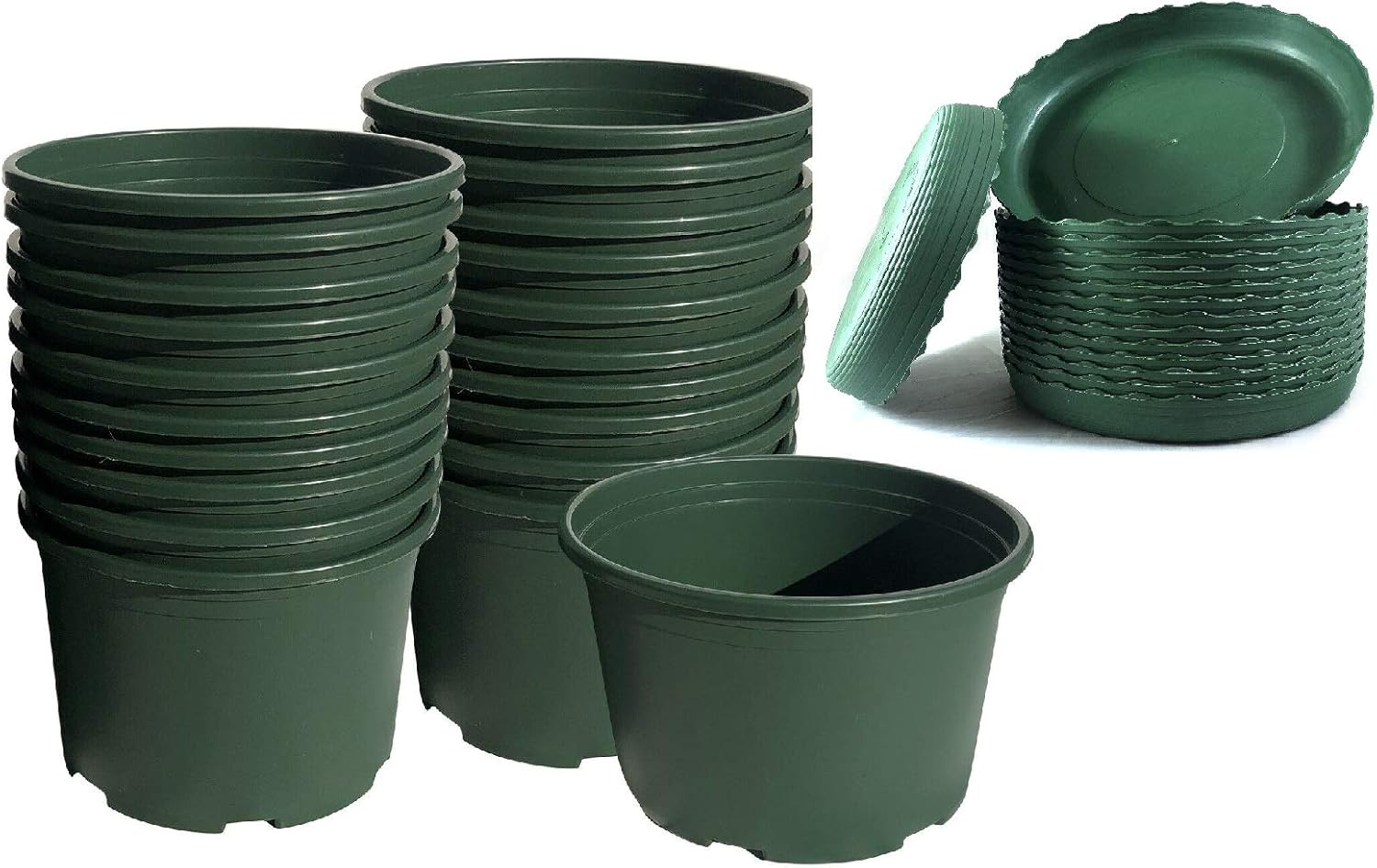 6 Sets / 2.6 Trade-Gallon Diameter 9.8 Green Printed Plastic Shallow Pots with Tray for Flower, Succulents Plants in Garden Outdoor Indoor