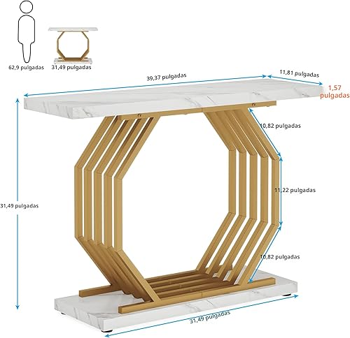 Miniatura 2 de Tribesigns Mesa Consola Dorada, Mesa de Entrada Estrecha de Mármol Sintético con Base de Metal Geométrica, Mesa de Acento Moderna de 40 Pulgadas