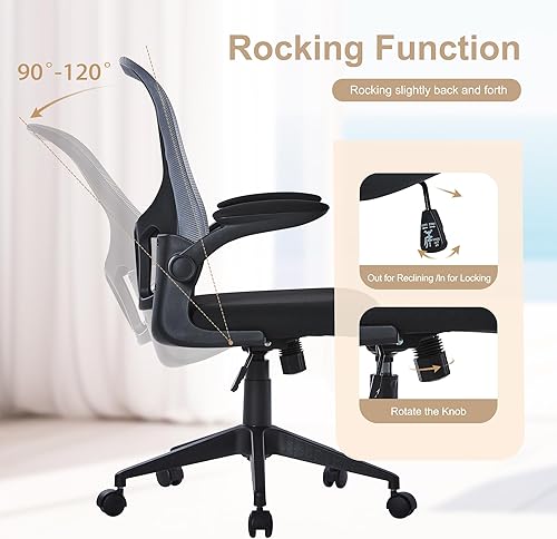 Miniatura 7 de HOOOWOOO Silla de oficina en casa de malla con reposabrazos abatible, silla de escritorio ergonómica moderna con soporte lumbar, respaldo