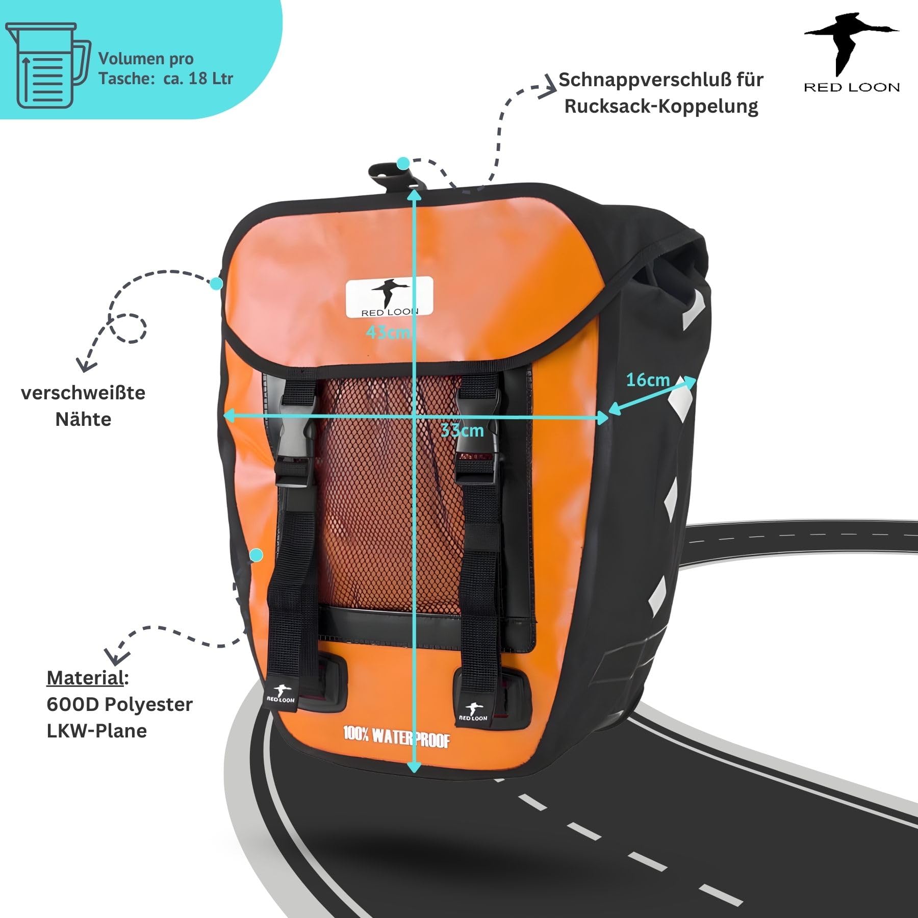 Red Loon 2 x Pro robuste Fahrradtasche aus LKW-Plane – wasserdichte Doppelpacktasche für Gepäckträger in orange