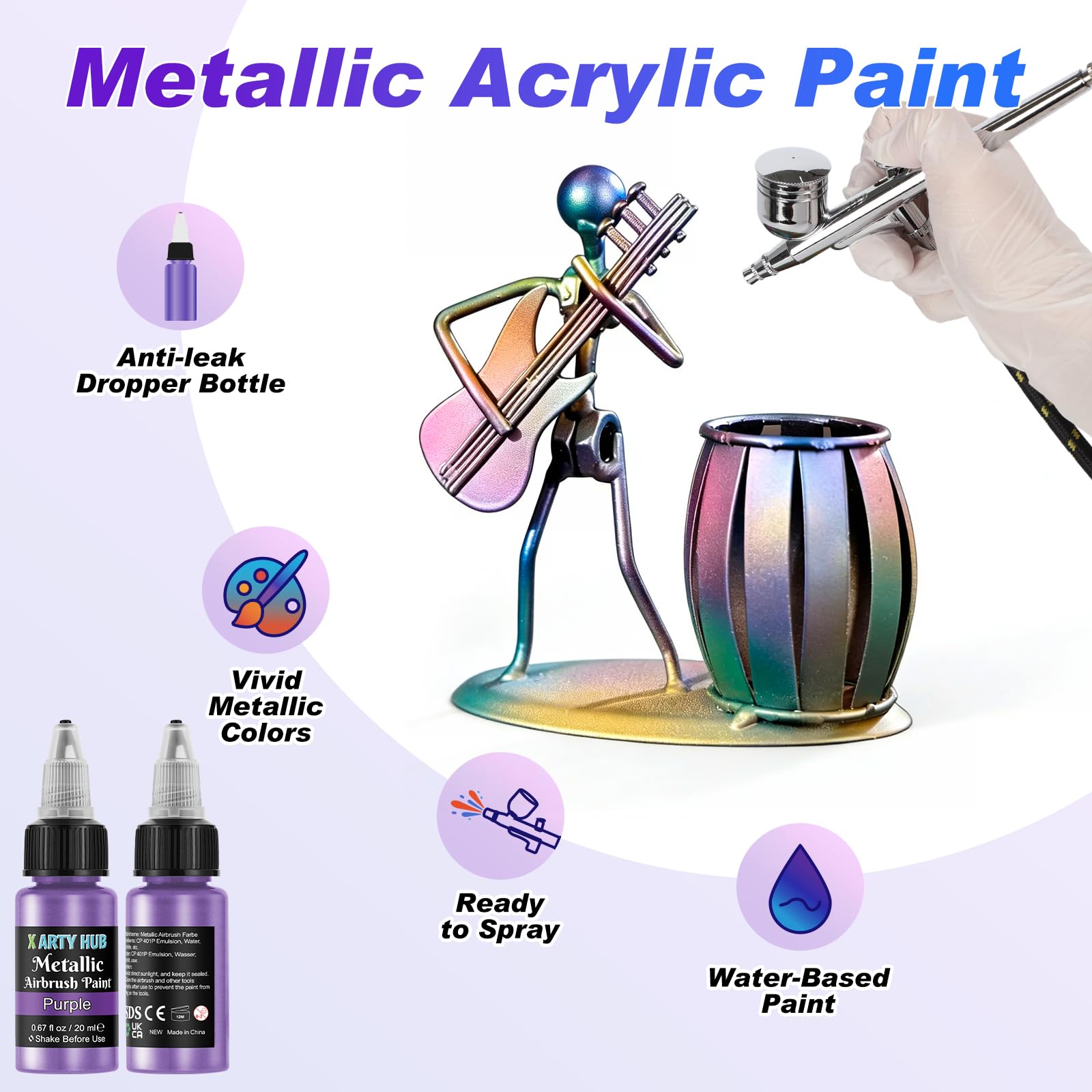 Kit 36 Colori Metallizzati per Aerografo, Primer Nero e Diluente 120 ml e Detergente 500 ml, Colori Acrilici Pronti all'Uso, Set di Pittura Aerografica d'Acqua per Artisti e Principianti