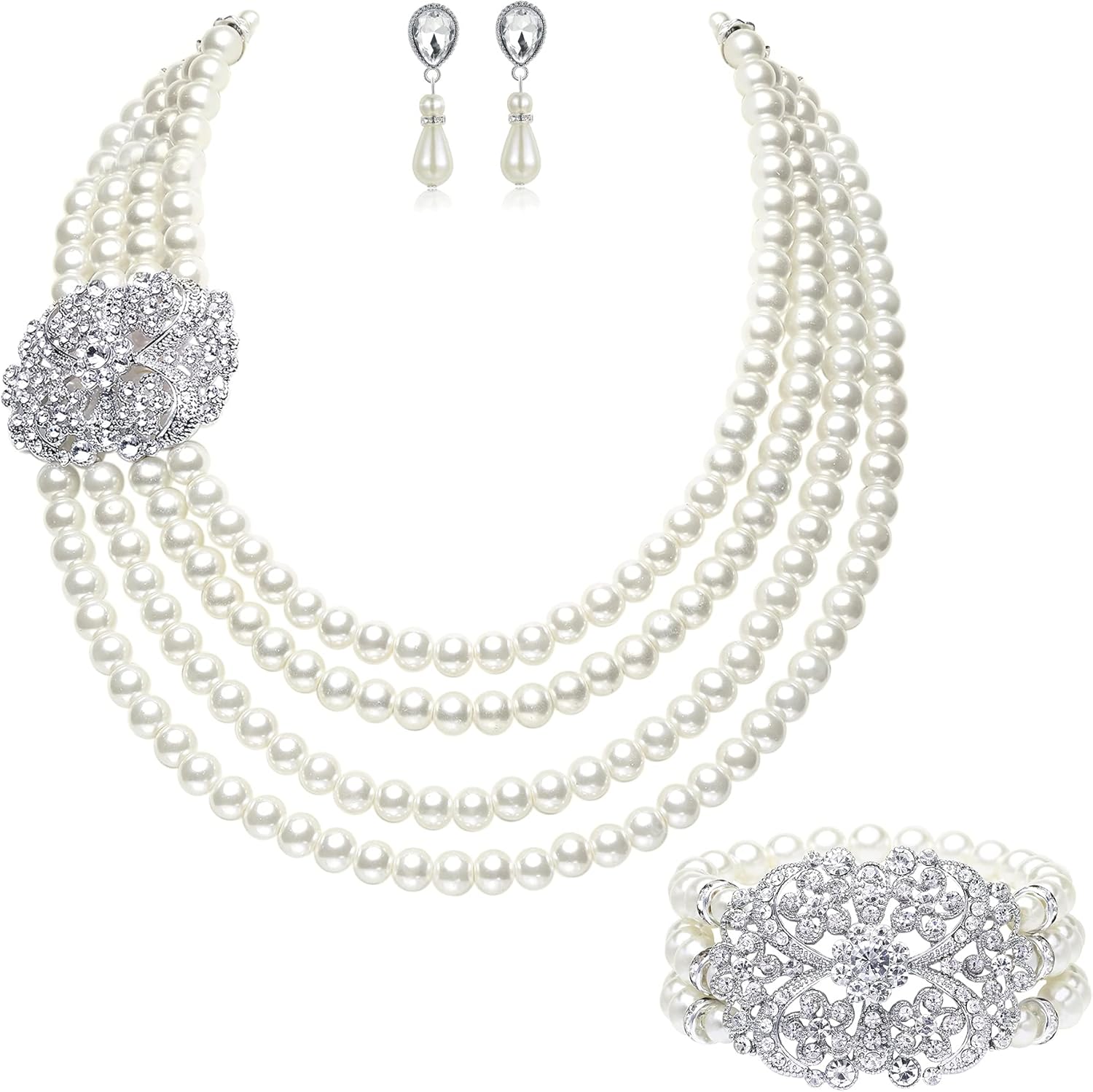 BABEYOND 1920s Gatsby Pearl Necklace Vintage Bridal Pearl Necklace Earrings Jewelry Set Multilayer Imitation Pearl Necklace with Brooch