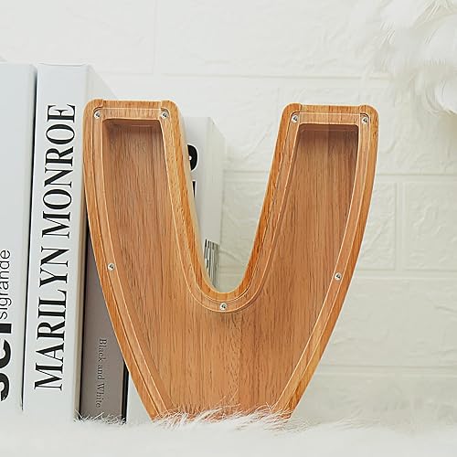 Miniatura 255 de Alcancía para niños y niñas, alcancía grande de madera personalizada con diseño recortado, bancos de monedas con letras del alfabeto, caja de ahorro