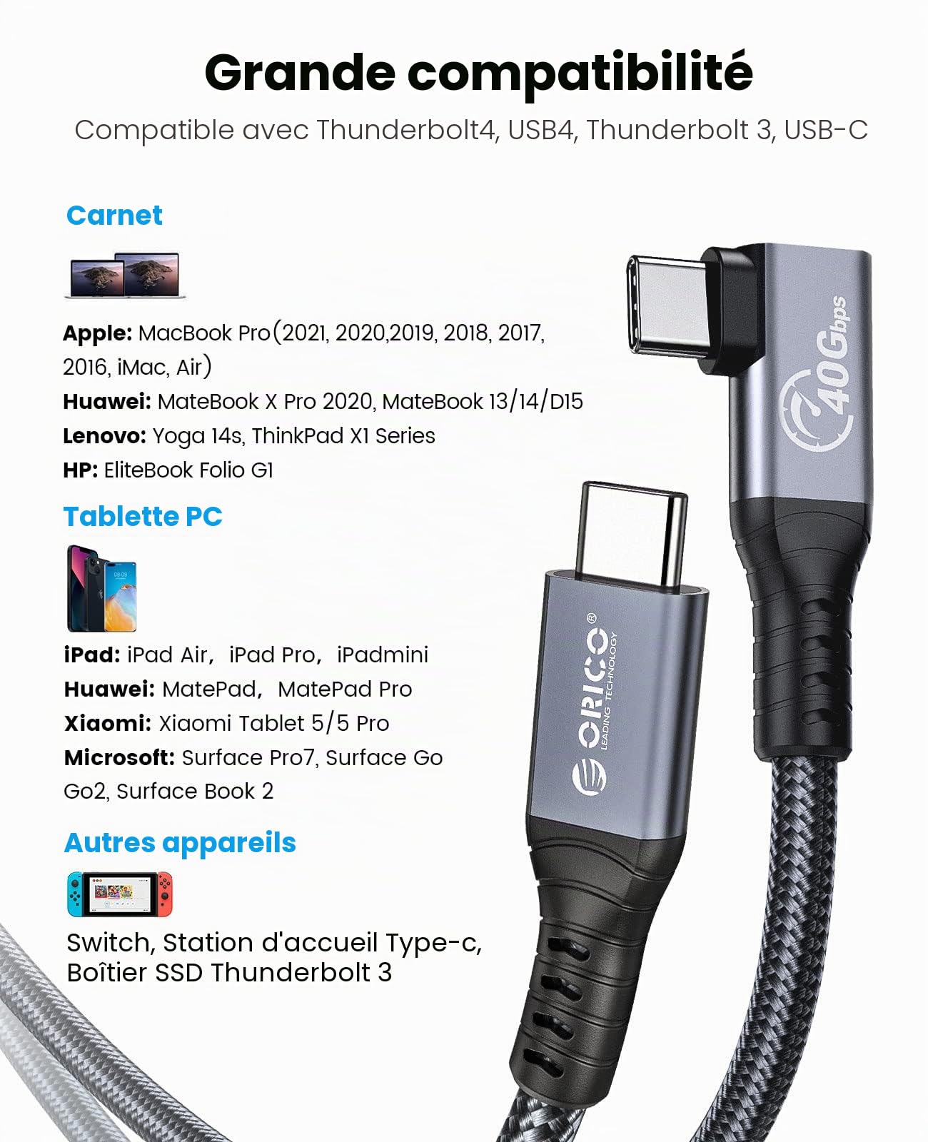 ORICO Câble pour Thunderbolt 4, Compatible avec Thunderbolt 3/USB4, taux de Transfert 40 Gbps, 8K@60Hz (Double 4k@60Hz) avec PD100W (20V/5A) pour PC, eGUP et Ordinateur Portable