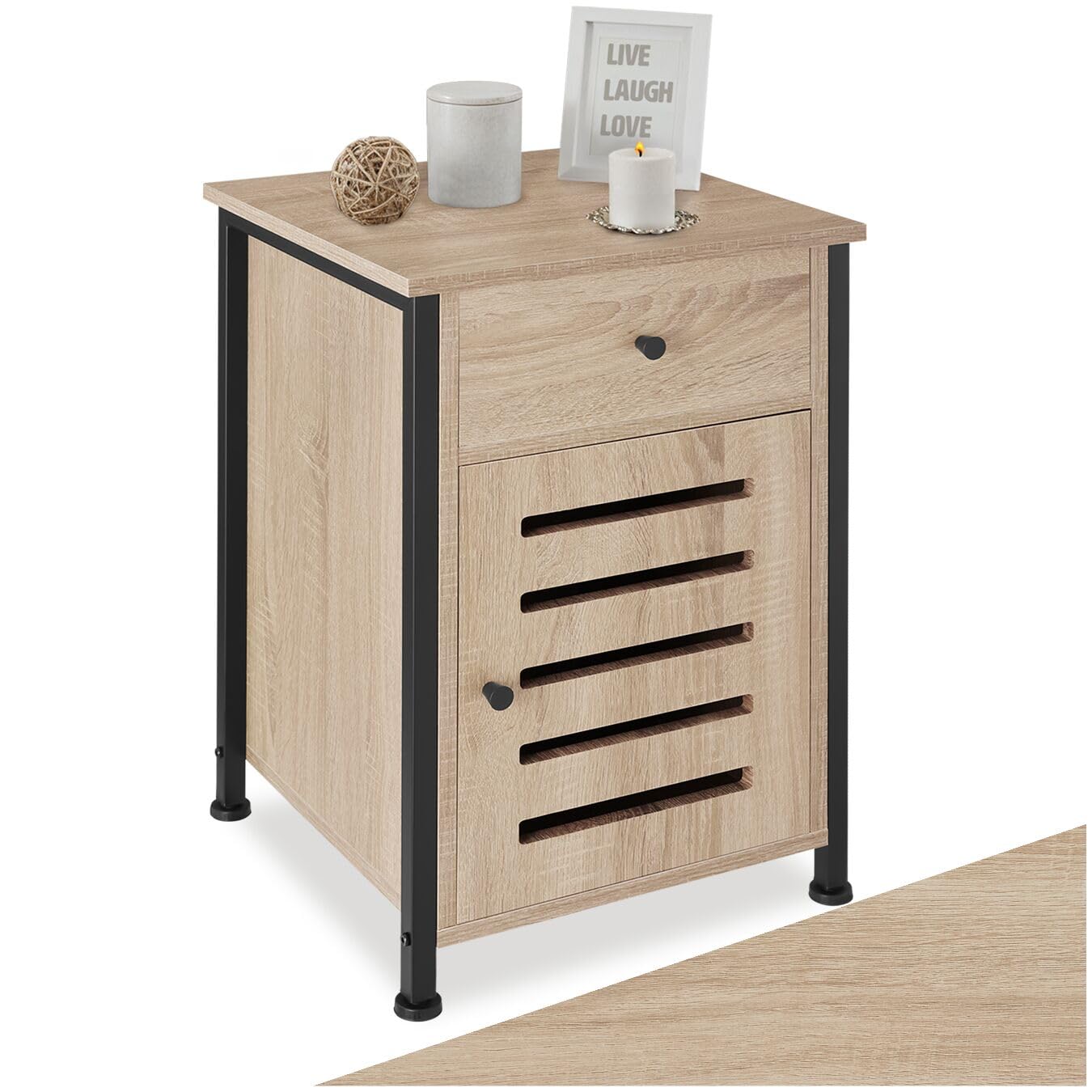 tectake® Comodino Camera da Letto 40x42x60,5cm, Tavolino da Letto o Tavolino da Divano con Cassetto e Scomparto con Magnete, Mobiletto Salvaspazio per Libri, Fiori, Sveglia - Legno Industriale Chiaro