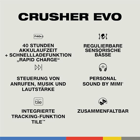 Skullcandy Crusher Evo Wireless Bluetooth Headphones with Extra USB-C Charging Cable, Multi-Sensory Bass, Noise Isolating Over-Ear Fit, 40 Hours Battery, Microphone for iPhone Android - Bone