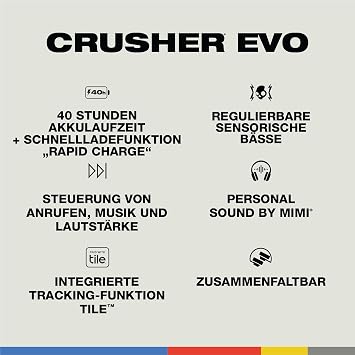 Skullcandy Crusher Evo Wireless Bluetooth Headphones with Extra USB-C Charging Cable, Multi-Sensory Bass, Noise Isolating Over-Ear Fit, 40 Hours Battery, Microphone for iPhone Android - Bone