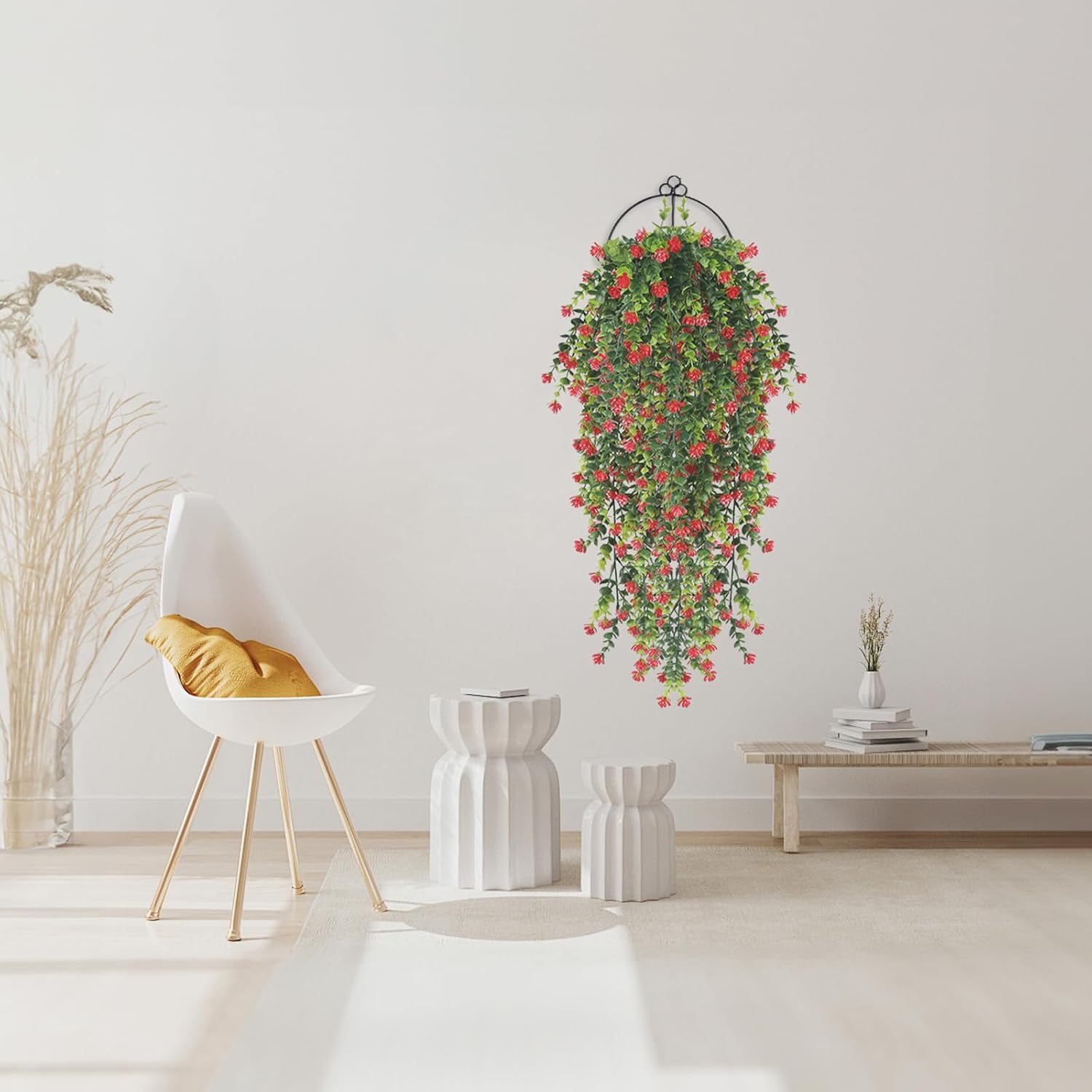 2Pcs Artificial Hanging Flowers,UV-Resistant Fake Hanging Plants Flower Bouquet Hanging Vine Plants Drooping Plants for Wall Home Garden Yard Patio Wedding Indoor Outdoor Decoration (Red)