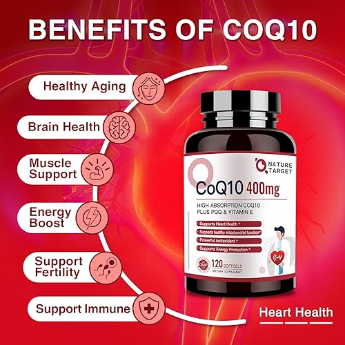 Miniatura 7 de NATURE TARGET CoQ10-400mg + PQQ con vitamina E - Coenzima Q10 de alta absorción con BioPerine - Antioxidante para la salud cardíaca y apoyo