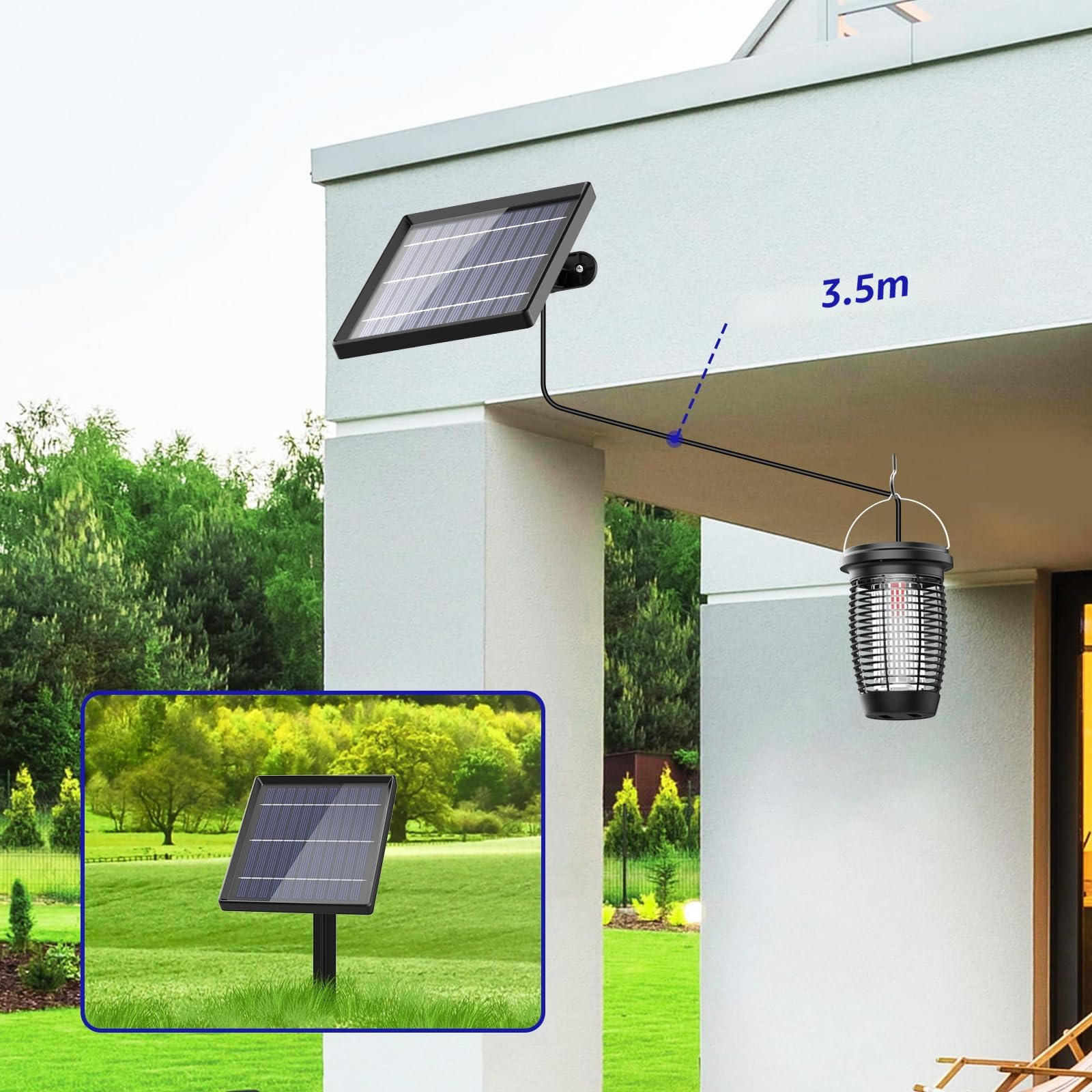 PALONE Solare Lampada Antizanzare, Ricaricabile Zanzariera Elettrica 4500V USB C UV Lampada Zanzare con 4W/5V Staffe Solare & Cavo 3,5M e 1M Type-C Cavo per Esterno Interno
