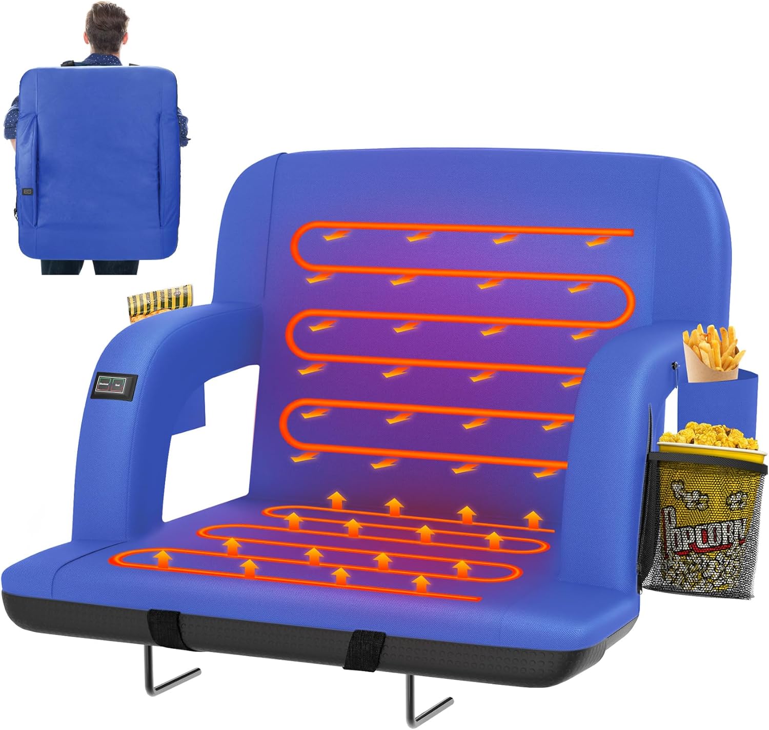 HOPERAN Dual-Sided Heated Stadium Seats for Bleachers with Back Support, 3 Levels Heating Stadium Seating for Bleachers Seat with Backrest, 5 Pockets Portable Stadium Chair for Outdoor Blue 25"